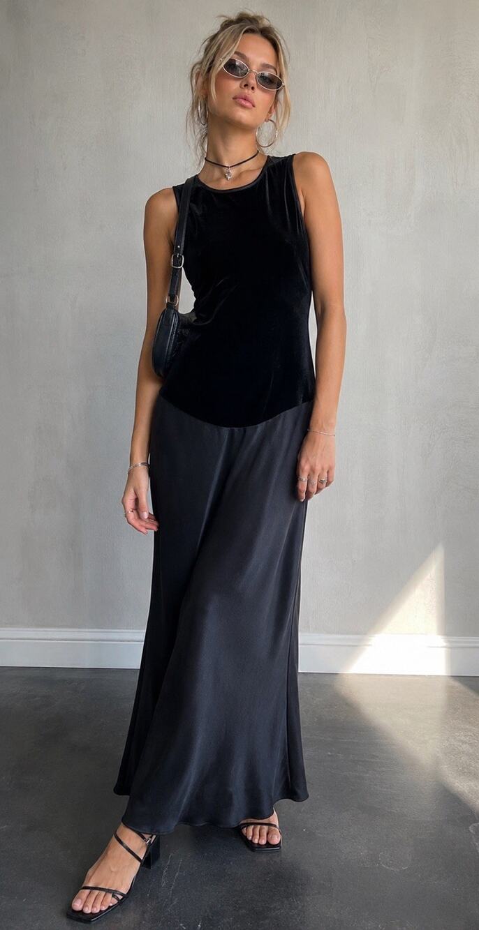 BETSY & ADAM Vintage Y2K Black Velvet Net Slip Maxi Dress Sz 2 NWT Deadstock